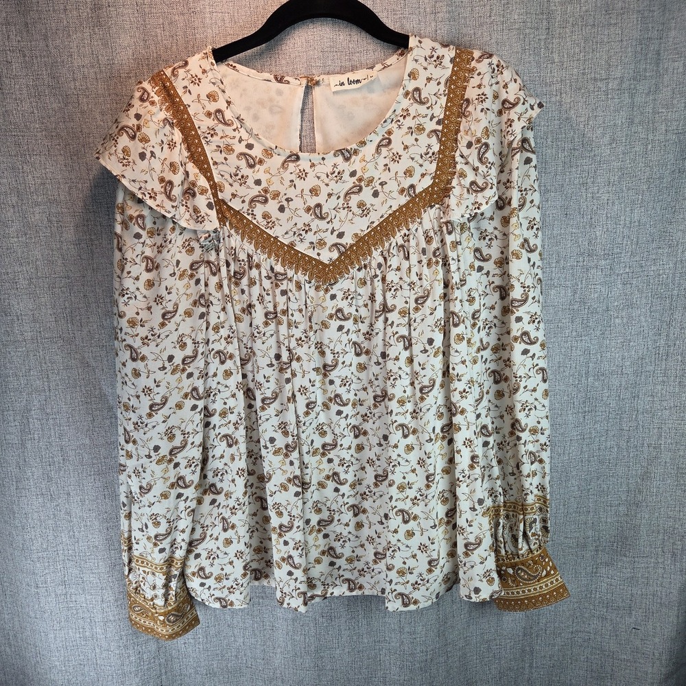 In Loom Womens Prairie Western Country Peasant Ruffles Blouse Sz M Brown Paisley